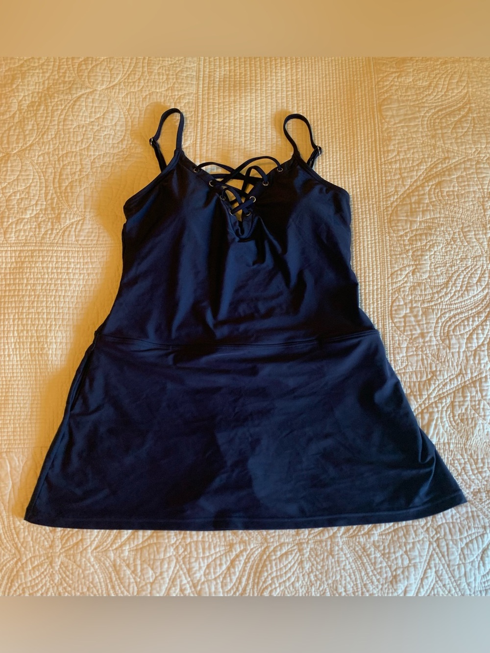 Nautica navy blue Lattice-Detail One-Piece Swim Dress